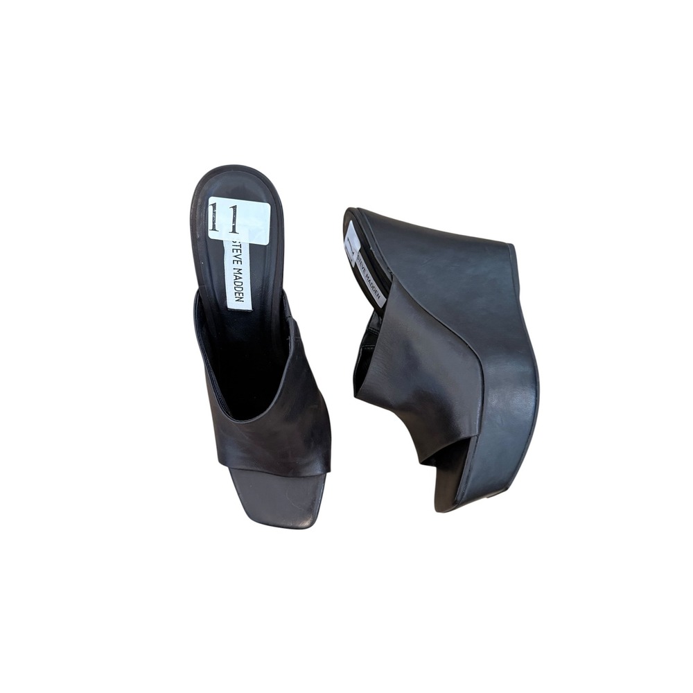 Steve Madden Black Leather Platform Wedge Sandals Mules Square Toe Size 11